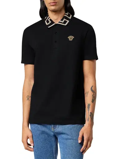 Versace Men's Piquet Cotton Polo Shirt - Black - Size XL | Thumbnail 3