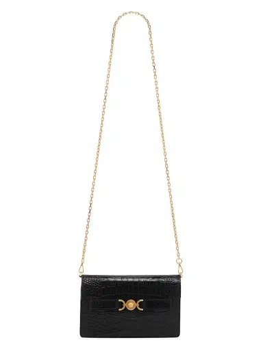 Versace Women's Croc-Embossed Leather Wallet-On-Chain Shoulder Bag - Black Gold | Thumbnail 6 Versace Women's Croc-Embossed Leather Wallet-On-Chain Shoulder Bag - Black Gold | Thumbnail 6