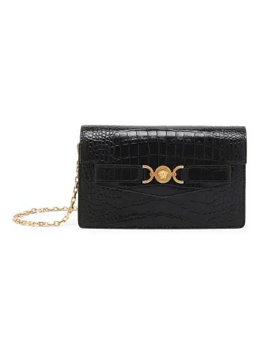 Versace Women's Croc-Embossed Leather Wallet-On-Chain Shoulder Bag - Black Gold | Thumbnail 1 Versace Women's Croc-Embossed Leather Wallet-On-Chain Shoulder Bag - Black Gold | Thumbnail 1
