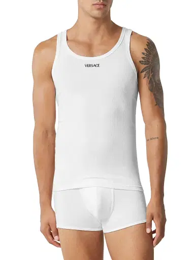 Versace Men's Logo Cotton-Blend Tank - Optical White - Size XXL | Thumbnail 2