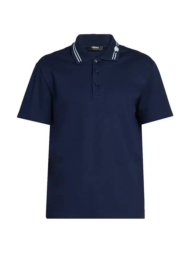 Men's Medusa Embroidered Pique Polo Shirt - Navy Blue
