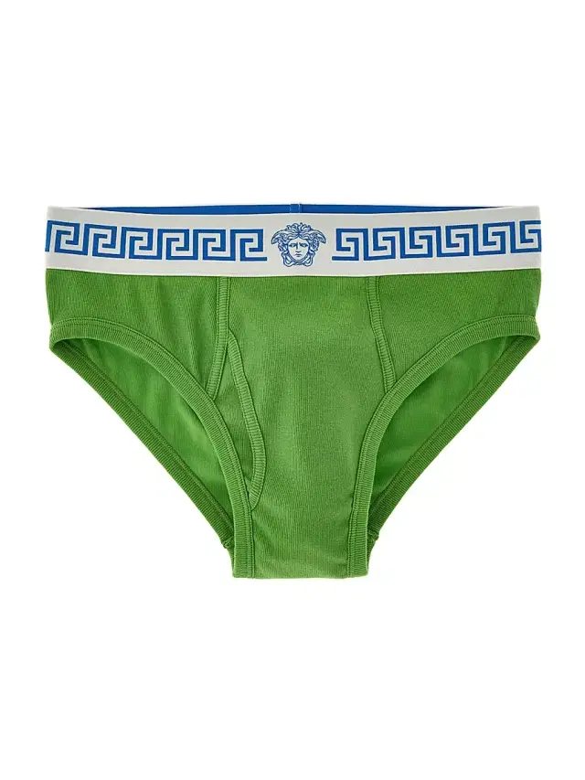 Men's La Greca Medusa Stretch-Cotton Brief - White Bright Green