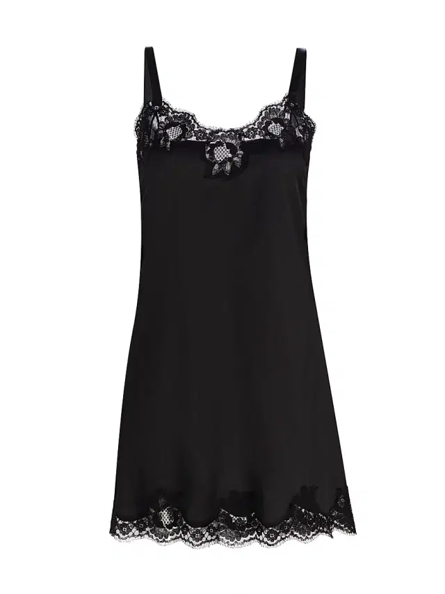 Women's Lace-Trimmed Silk Satin Nightgown - Nero