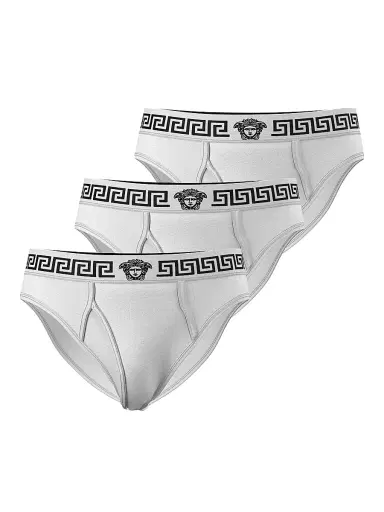 Versace Men's 3-Pack Medusa Greca Stretch-Cotton Briefs - Optical White - Size XL | Thumbnail 1 Versace Men's 3-Pack Medusa Greca Stretch-Cotton Briefs - Optical White - Size XL | Thumbnail 1