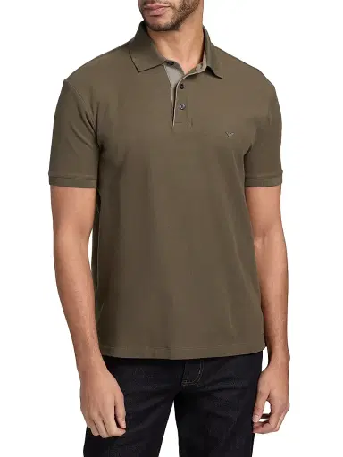 Emporio Armani Men's Rib-Knit Trim Cotton Polo Shirt - Mud | Thumbnail 3