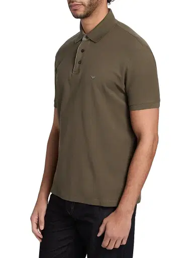 Emporio Armani Men's Rib-Knit Trim Cotton Polo Shirt - Mud | Thumbnail 4