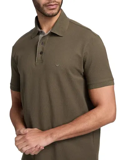 Emporio Armani Men's Rib-Knit Trim Cotton Polo Shirt - Mud | Thumbnail 6