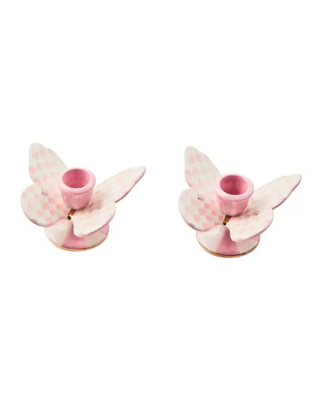 MacKenzie-Childs Rosy Check Butterfly Candle Holders, Set of 2