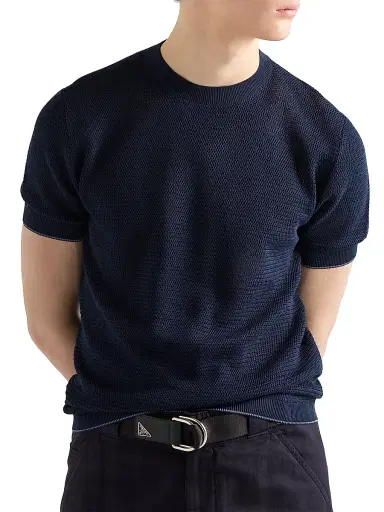 Prada Men's Silk and Cotton Crewneck Sweater - Blue - Size 48 | Thumbnail 2 Prada Men's Silk and Cotton Crewneck Sweater - Blue - Size 48 | Thumbnail 2