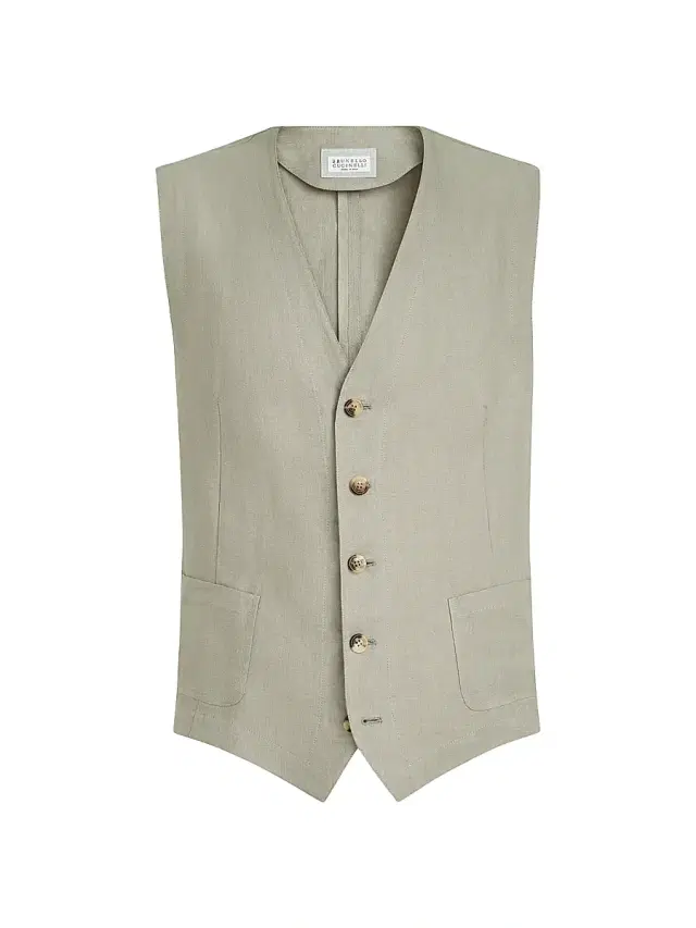 Brunello Cucinelli Men's Linen Micro Chevron Waistcoat - Sage