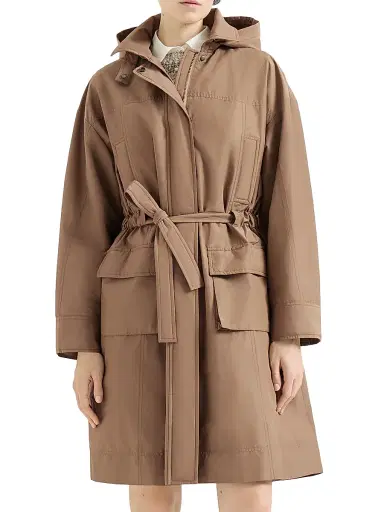 Brunello Cucinelli Women's Techno Cotton Taffeta Coat with Detachable Hood - Camel | Thumbnail 2 Brunello Cucinelli Women's Techno Cotton Taffeta Coat with Detachable Hood - Camel | Thumbnail 2