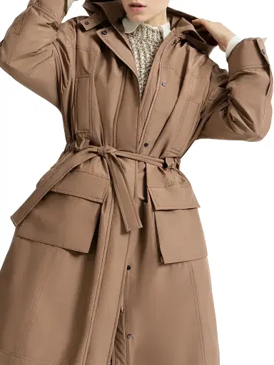 Brunello Cucinelli Women's Techno Cotton Taffeta Coat with Detachable Hood - Camel | Thumbnail 4 Brunello Cucinelli Women's Techno Cotton Taffeta Coat with Detachable Hood - Camel | Thumbnail 4