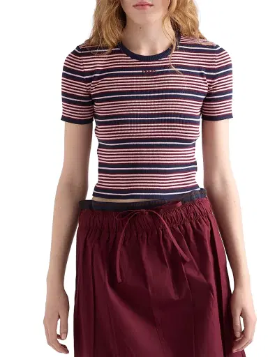 Prada Women's Short-Sleeved Striped Cotton Sweater - Blue Multi - Size 8 | Thumbnail 5