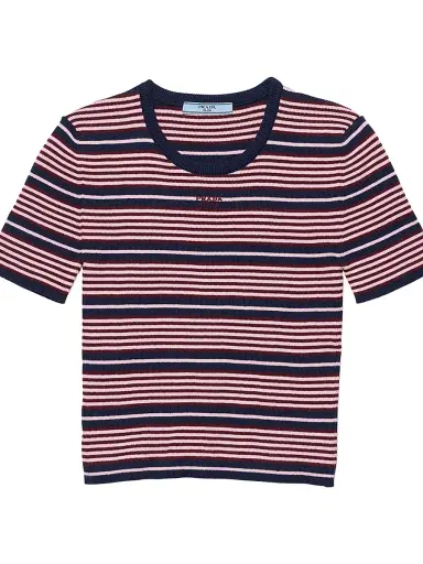 Prada Women's Short-Sleeved Striped Cotton Sweater - Blue Multi - Size 8 | Thumbnail 1