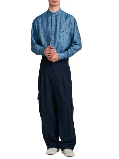 Giorgio Armani Men's Pleated Linen-Blend Cargo Trousers - Navy - Size 38 | Thumbnail 2