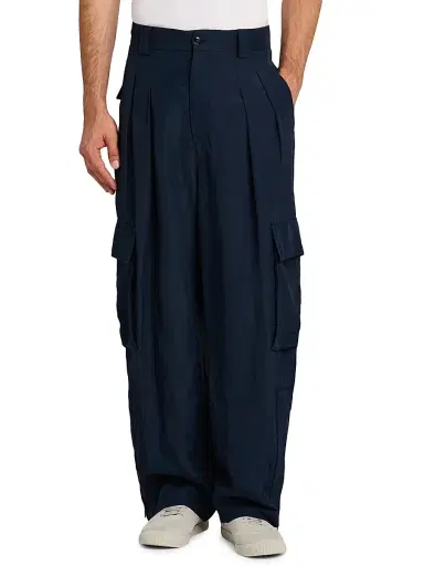 Giorgio Armani Men's Pleated Linen-Blend Cargo Trousers - Navy - Size 38 | Thumbnail 3