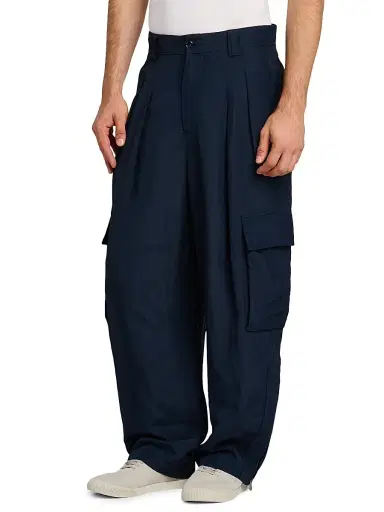 Giorgio Armani Men's Pleated Linen-Blend Cargo Trousers - Navy - Size 38 | Thumbnail 4