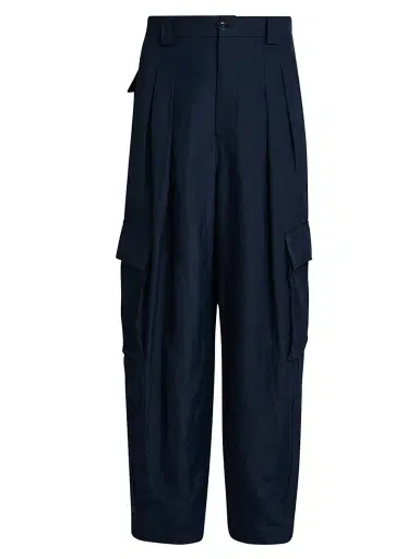 Giorgio Armani Men's Pleated Linen-Blend Cargo Trousers - Navy - Size 38 | Thumbnail 1