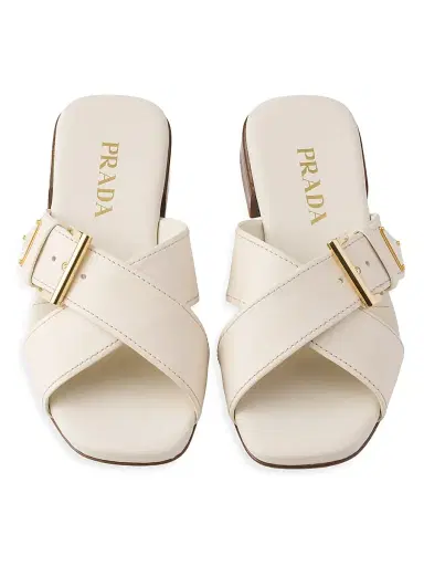 Prada Women's Leather Crisscross Slides with Buckle - Beige Khaki - Size 7 | Thumbnail 4 Prada Women's Leather Crisscross Slides with Buckle - Beige Khaki - Size 7 | Thumbnail 4