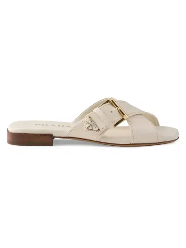 Prada Women's Leather Crisscross Slides with Buckle - Beige Khaki - Size 7 | Thumbnail 1 Prada Women's Leather Crisscross Slides with Buckle - Beige Khaki - Size 7 | Thumbnail 1