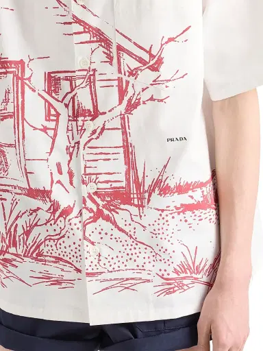 Prada Men's Printed Cotton Bowling Shirt - Red White - Size XXXL | Thumbnail 4 Prada Men's Printed Cotton Bowling Shirt - Red White - Size XXXL | Thumbnail 4