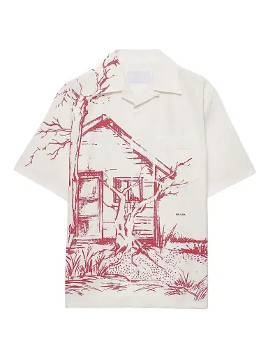 Prada Men's Printed Cotton Bowling Shirt - Red White - Size XXXL | Thumbnail 1 Prada Men's Printed Cotton Bowling Shirt - Red White - Size XXXL | Thumbnail 1