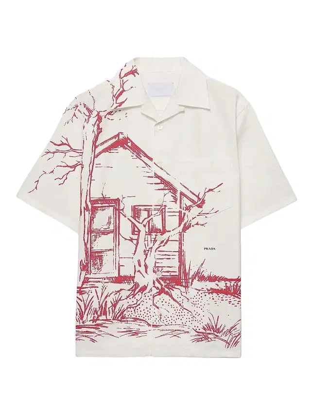 Men's Printed Cotton Bowling Shirt - Red White