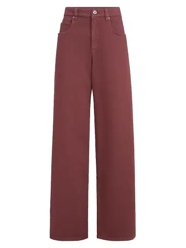 Brunello Cucinelli Women's Stretch Dyed Denim Loose Barrel Jeans with Monili - Wine | Thumbnail 1
