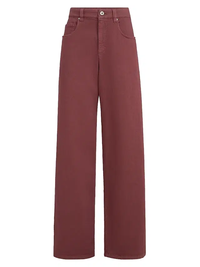 Brunello Cucinelli Women's Stretch Dyed Denim Loose Barrel Jeans with Monili - Wine