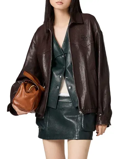 Miu Miu Women's Leather Blouson Jacket - Brown - Size 0 | Thumbnail 2