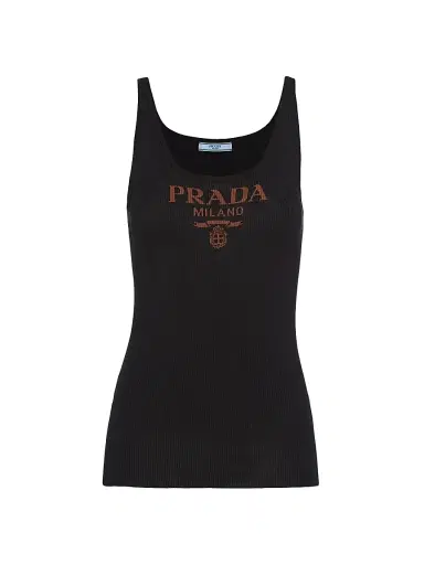 Prada Women's Silk Tank Top With Logo - Black | Thumbnail 1