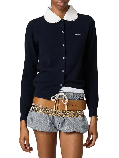 Miu Miu Women's Cashmere Cardigan with Embroidered Poplin Collar - Blue | Thumbnail 2