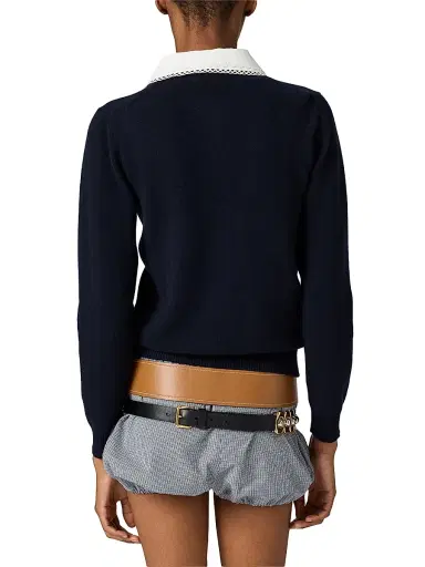 Miu Miu Women's Cashmere Cardigan with Embroidered Poplin Collar - Blue | Thumbnail 3