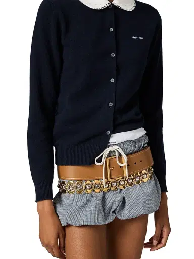 Miu Miu Women's Cashmere Cardigan with Embroidered Poplin Collar - Blue | Thumbnail 4