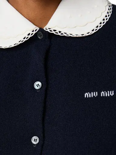 Miu Miu Women's Cashmere Cardigan with Embroidered Poplin Collar - Blue | Thumbnail 6