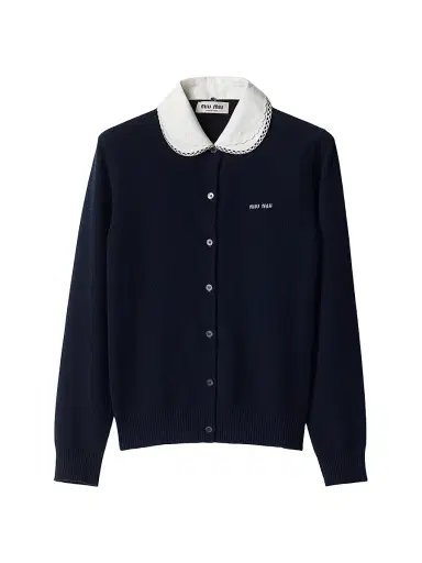Miu Miu Women's Cashmere Cardigan with Embroidered Poplin Collar - Blue | Thumbnail 1