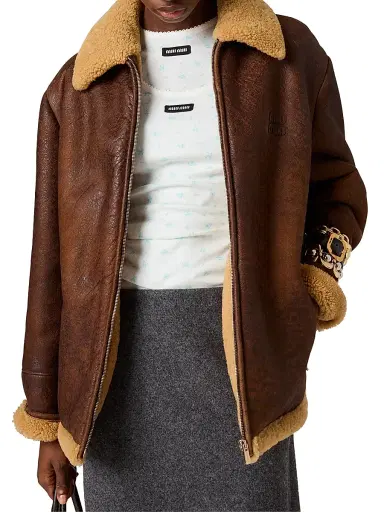 Miu Miu Women's Waxed Shearling Blouson Jacket | Thumbnail 2 Miu Miu Women's Waxed Shearling Blouson Jacket | Thumbnail 2