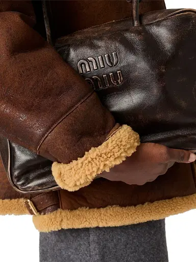 Miu Miu Women's Waxed Shearling Blouson Jacket - Brown - Size 0 | Thumbnail 4