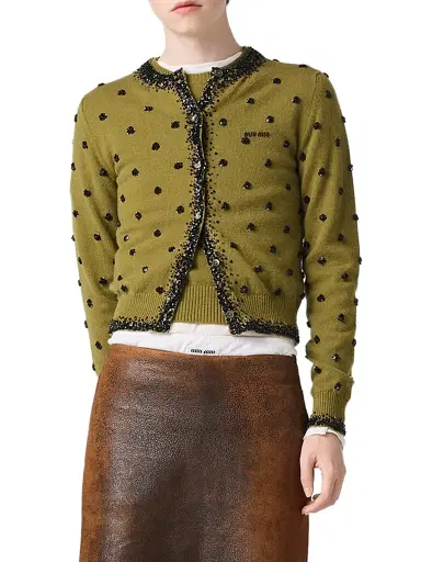 Miu Miu Women's Embroidered Cashmere Cardigan - Green | Thumbnail 2