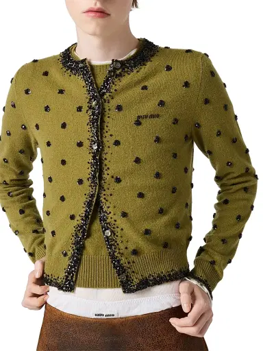 Miu Miu Women's Embroidered Cashmere Cardigan - Green | Thumbnail 4
