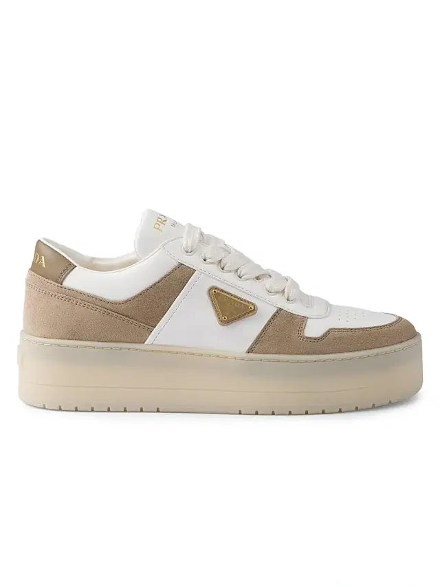 Prada Women's Downtown Bold Nappa Leather and Suede Sneakers - Beige Khaki