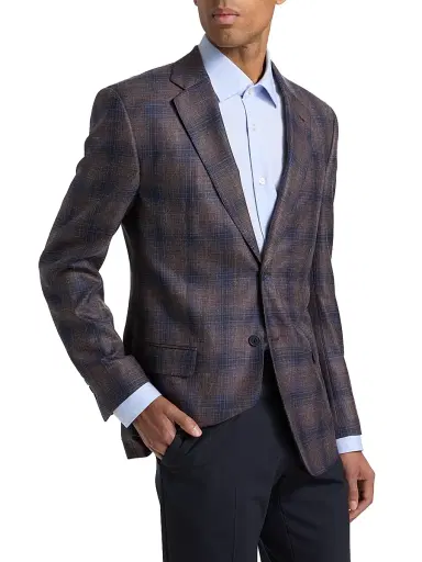 Emporio Armani Men's Plaid Single-Breasted Jacket - Navy Brown - Size 38 | Thumbnail 4