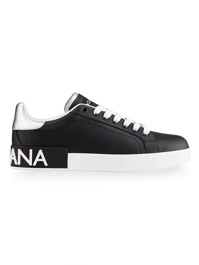 Dolce & Gabbana Women's Portofino Logo Leather Sneakers - Nero Argento