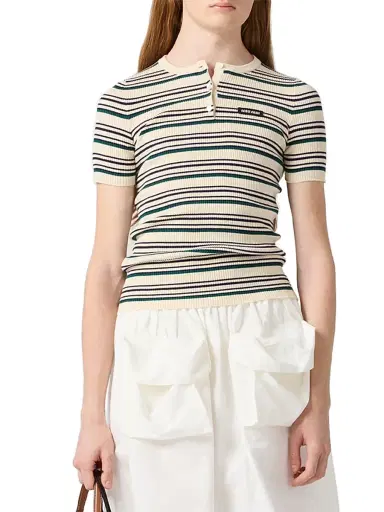 Miu Miu Women's Cotton Knit Henley Shirt - Beige Khaki - Size 10 | Thumbnail 3