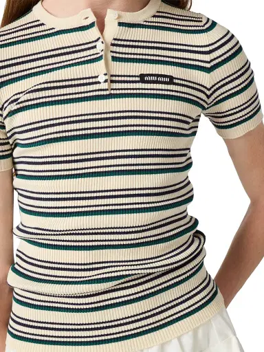 Miu Miu Women's Cotton Knit Henley Shirt - Beige Khaki - Size 10 | Thumbnail 6