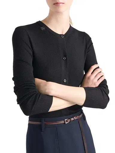 Prada Women's Ribbed Knit Wool Cardigan - Black - Size 12 | Thumbnail 2
