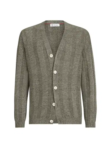 Brunello Cucinelli Men's Linen and Cotton Textured Rib Cardigan | Thumbnail 1 Brunello Cucinelli Men's Linen and Cotton Textured Rib Cardigan | Thumbnail 1
