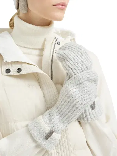 Brunello Cucinelli Women's Cashmere English Rib Knit Mittens with Monili | Thumbnail 2 Brunello Cucinelli Women's Cashmere English Rib Knit Mittens with Monili | Thumbnail 2