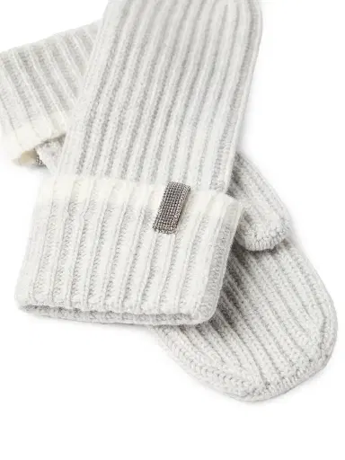 Brunello Cucinelli Women's Cashmere English Rib Knit Mittens with Monili | Thumbnail 3 Brunello Cucinelli Women's Cashmere English Rib Knit Mittens with Monili | Thumbnail 3