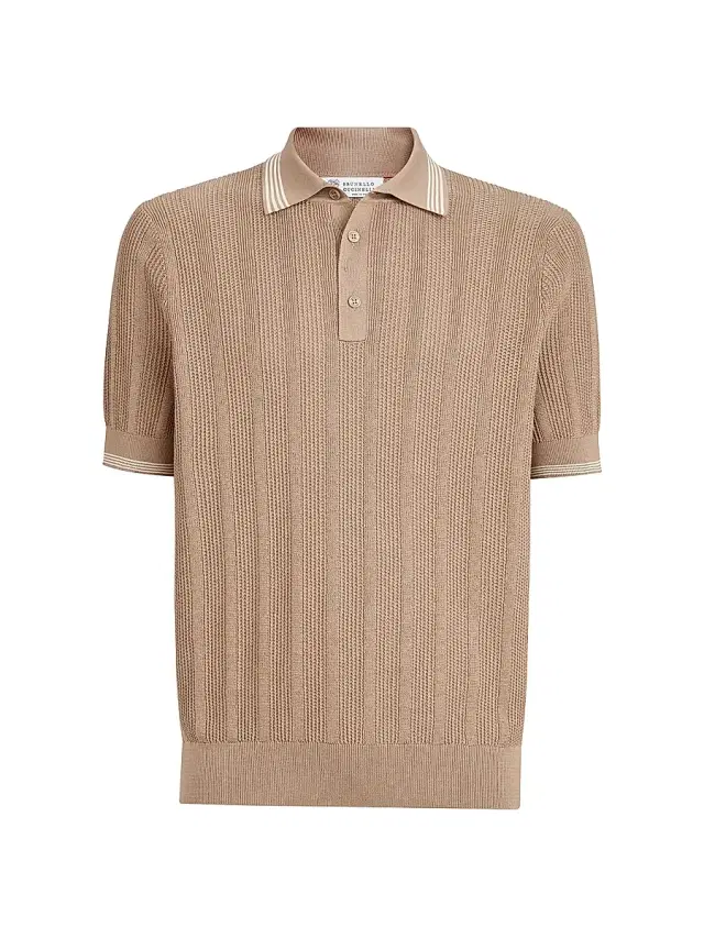 Brunello Cucinelli Men's Cotton Textured Rib Knit Polo Shirt - Tobacco